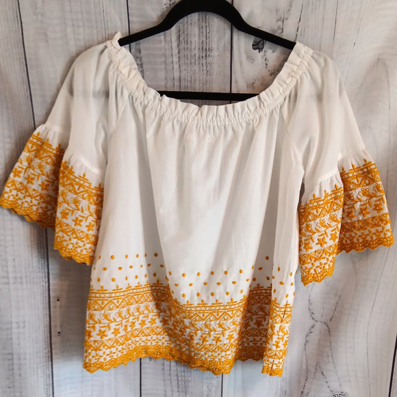 Maurices | White & Yellow Floral Embroidered Off-Shoulder Half Bell Sleeve Top - Picture 4 of 9
